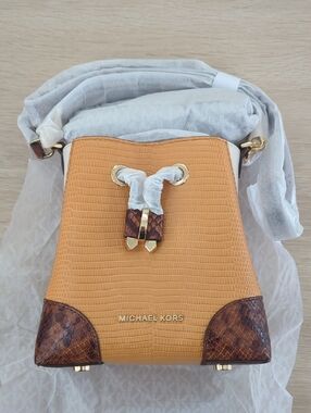 Michael Kors Yellow & Brown Embossed Drawstring Bucket Bag